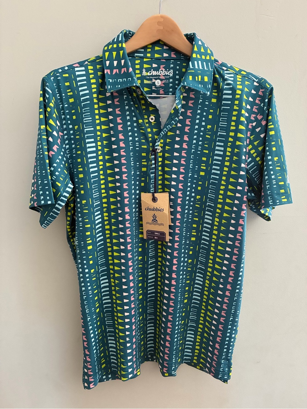 chubbies Teal Polo with Pink & Lime Geo Accents